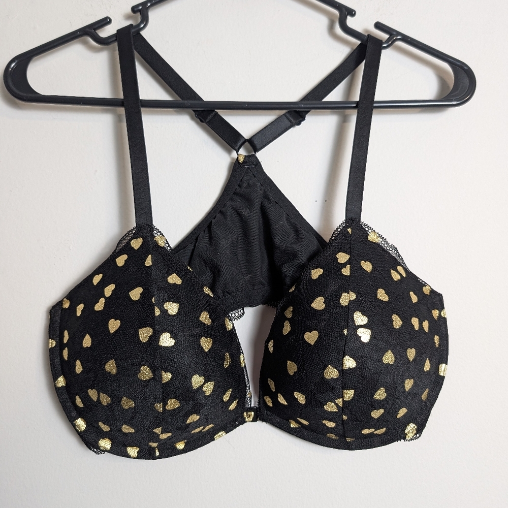 Victoria's Secret Bra Foil Gold Hearts Black Lace Front Fastening Push Up Sz XL